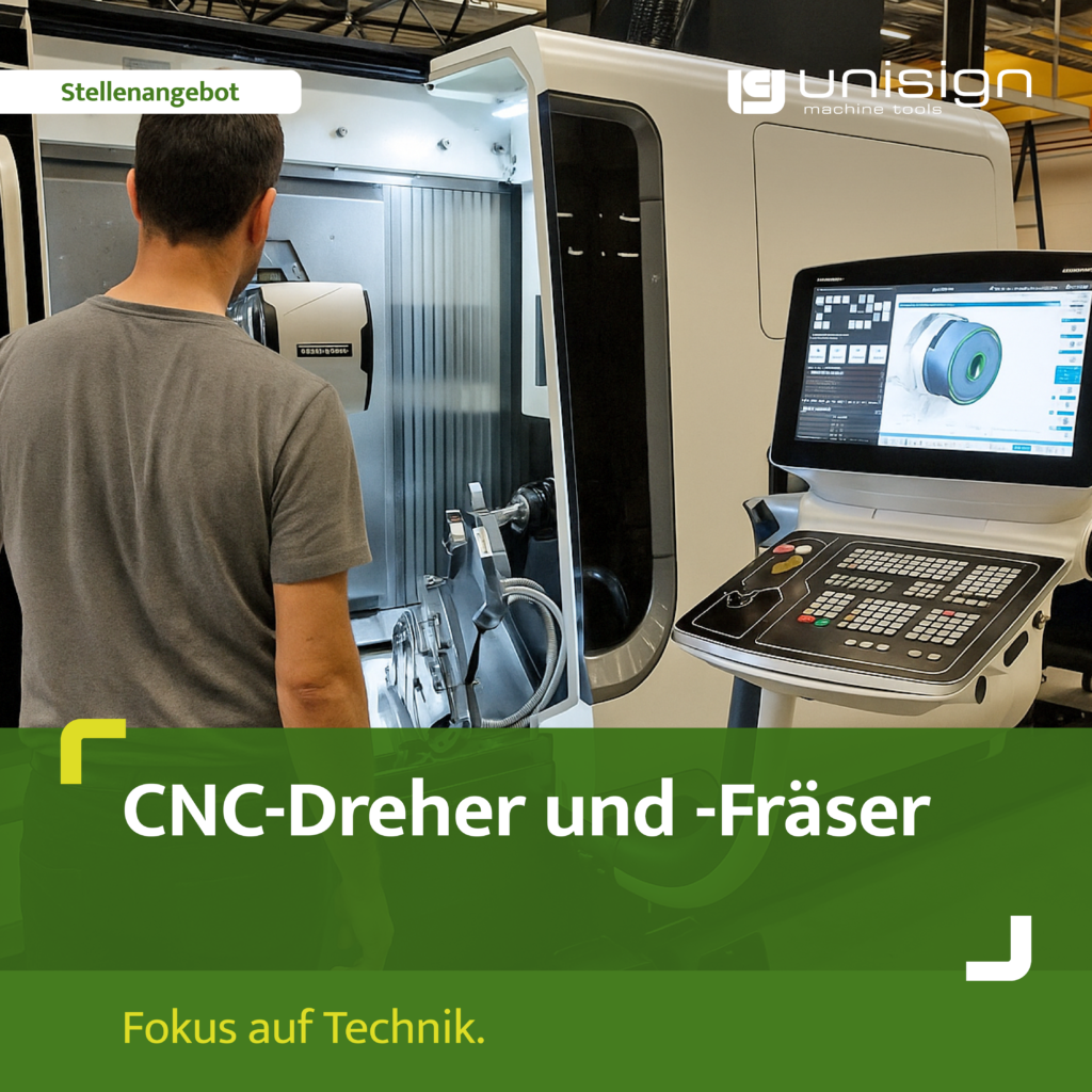 Worker stands beside a CNC machine with a large computer control panel displaying a 3D part image; German text overlays indicate a job opening.